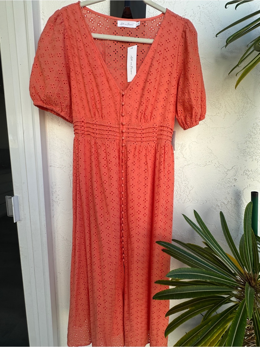 Nordstrom, Coral, Peach, Cotton, Flowy, Eyelet Midi Dress, Fully lined, NWT